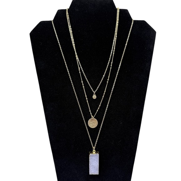 Does not apply Jewelry - Layered Gold Tone Necklace Purple Crystal Druzy Pendant Satellite Chain Jewelry